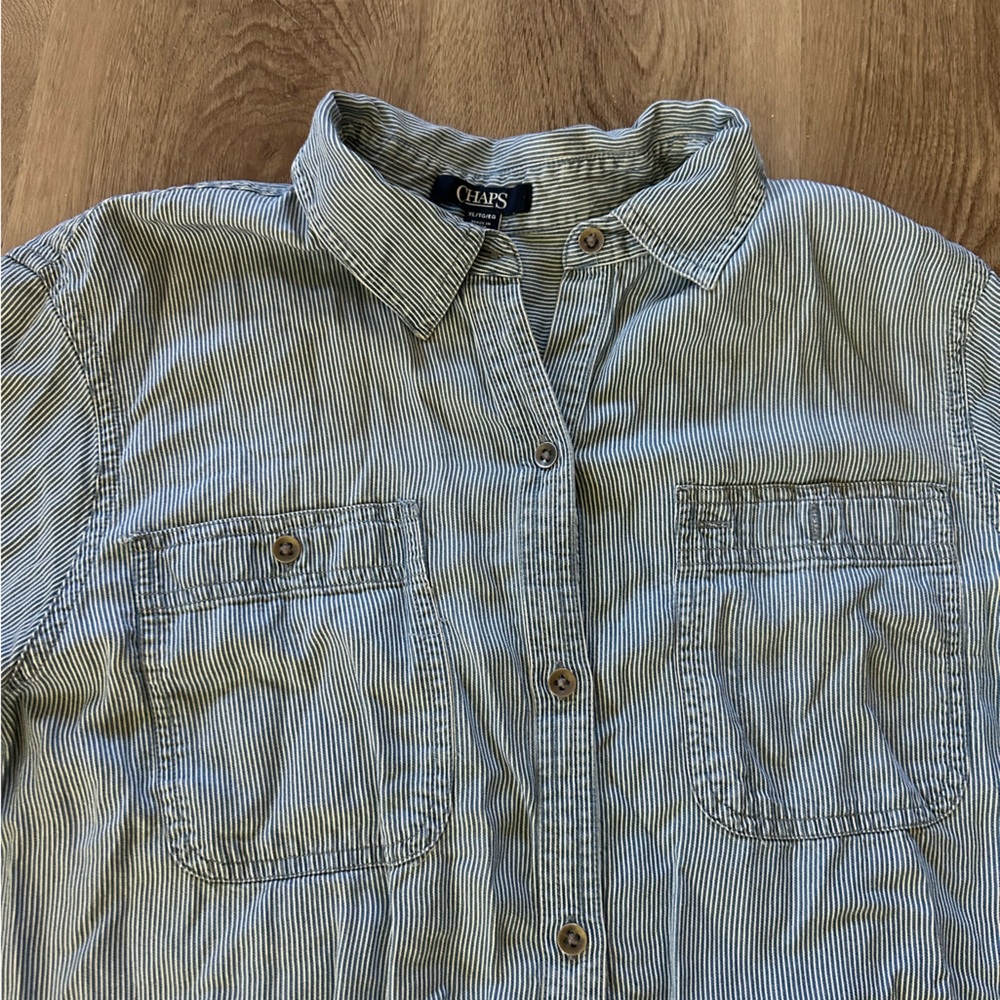 Chaps Blue and White Striped Button-Down Shirt